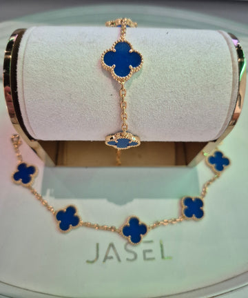 Jasel Jewelry gold-filled stainless steel bracelet with 5 clover design and blue accents
