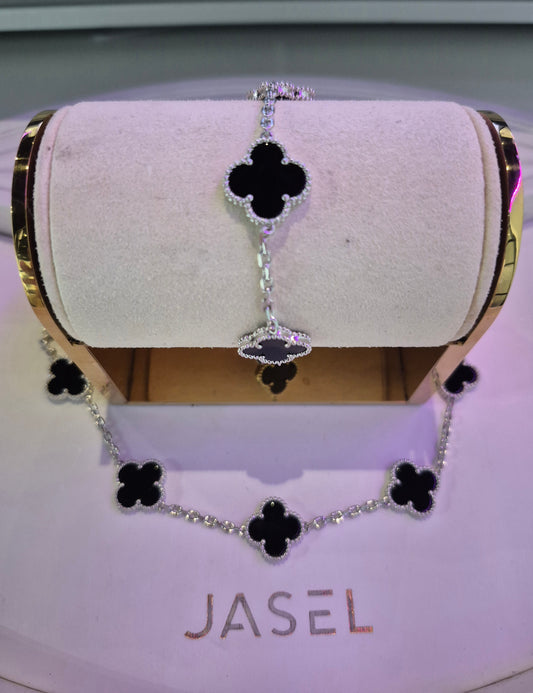 5 Clover Silver Black Bracelet
