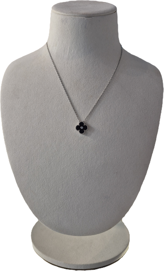 1 Clover Silver With Stone Black Necklace